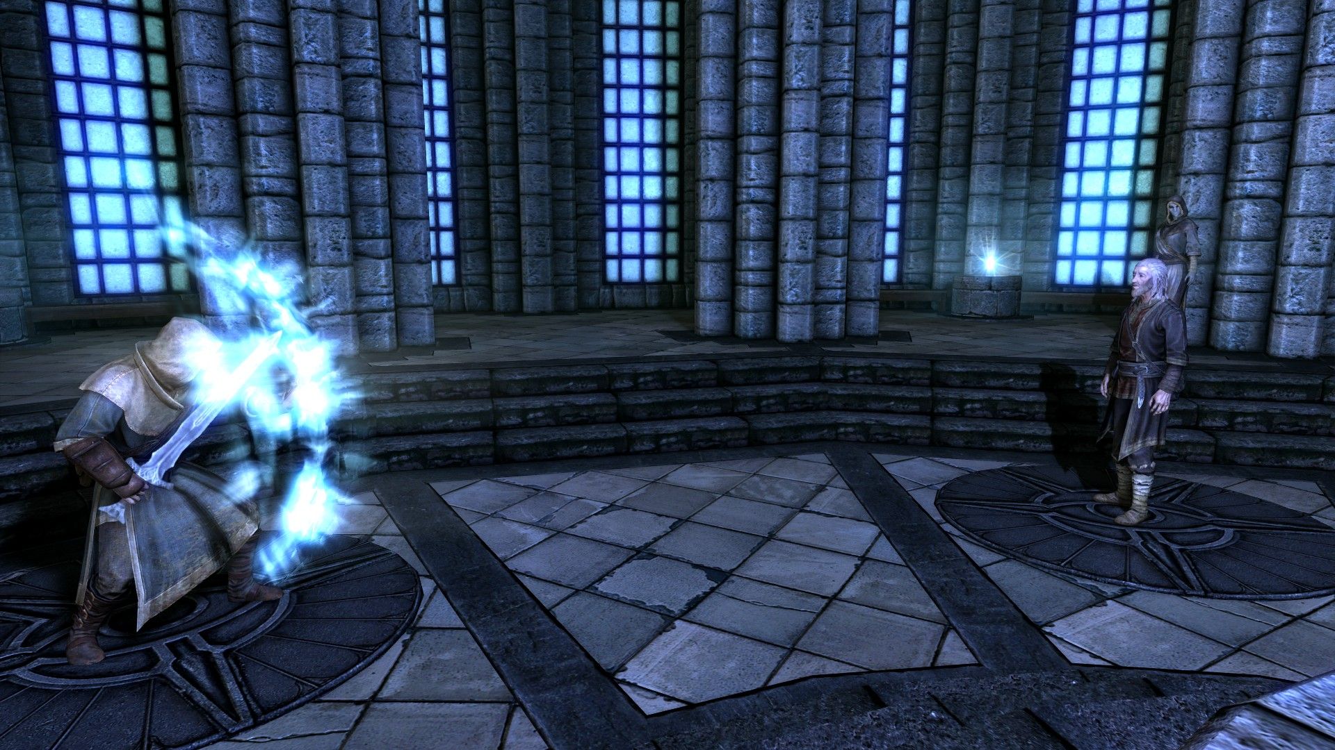 A student demonstrates a magical ward within an old university 