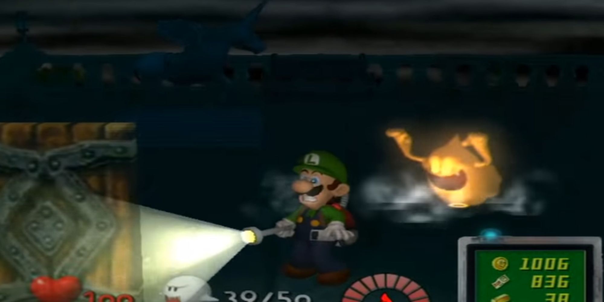 A orange ghost scares Luigi on the roof of the mansion at night