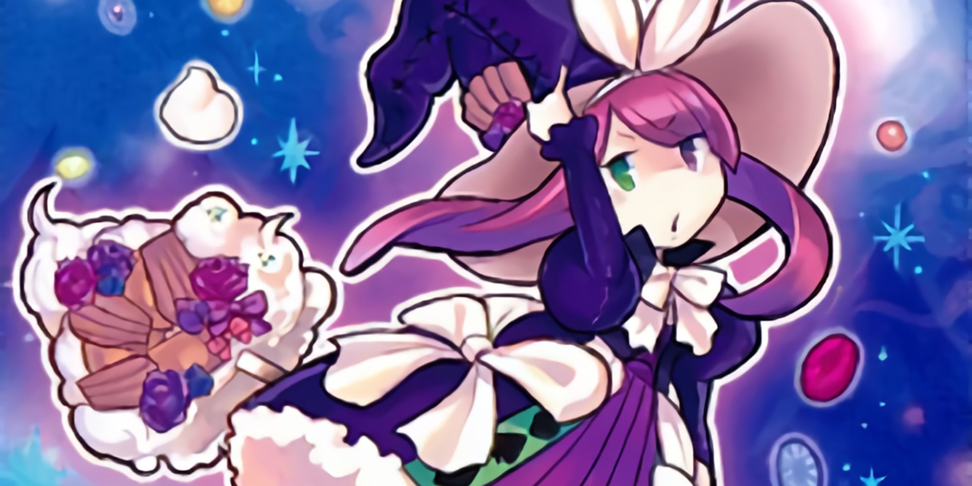 Madolche Magileine is a fuchsia-haired witch with a broom that has whipped cream and berries on its end!