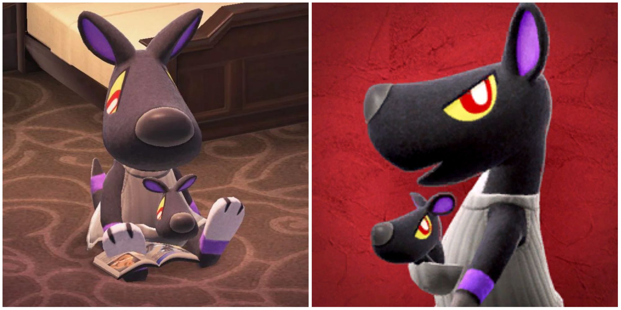 Split image screenshots of Mathilda in Animal Crossing.