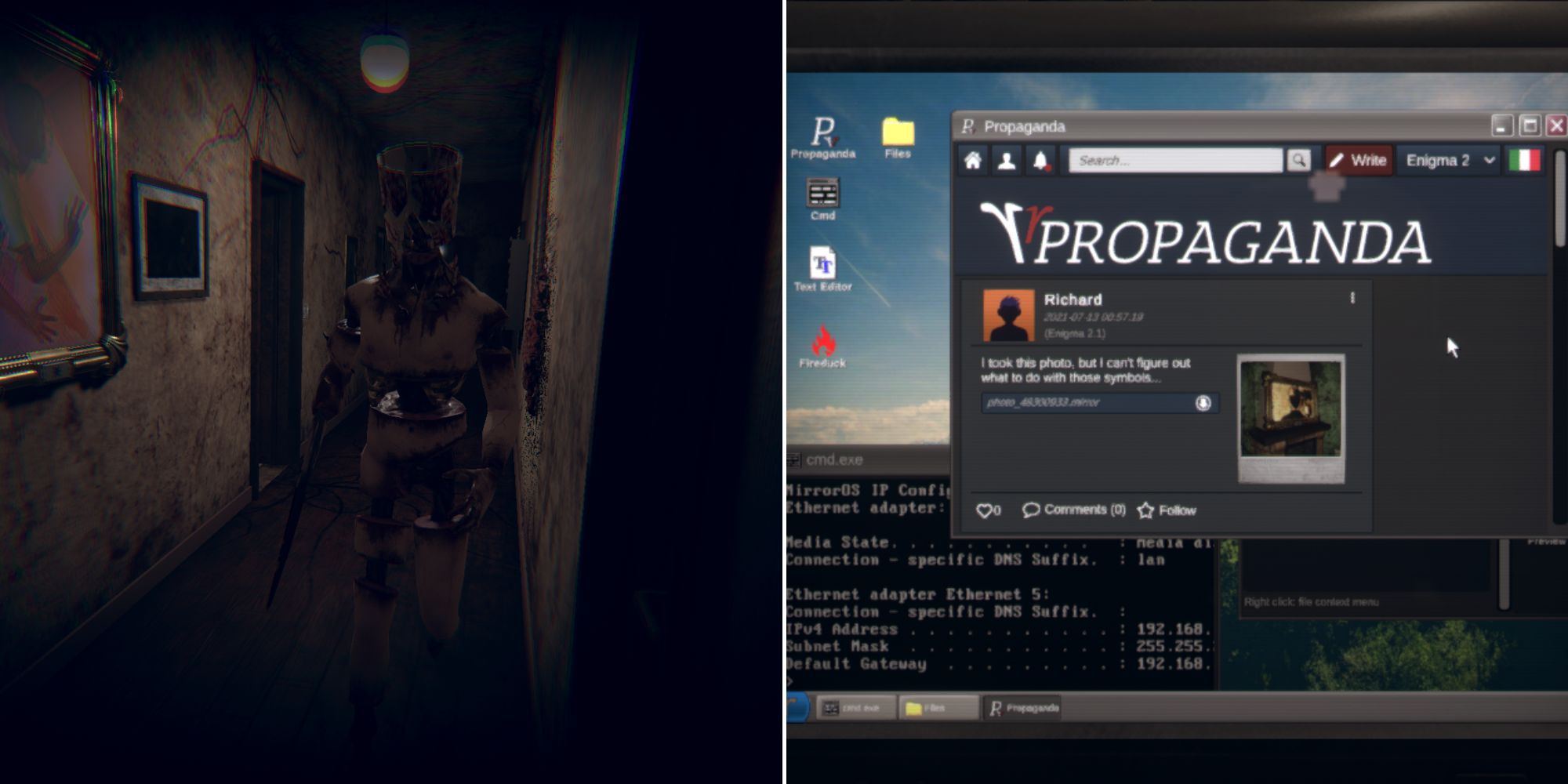 A monster approaching the viewer in a hallway and the Propaganda Website screen in Mirror Layers.