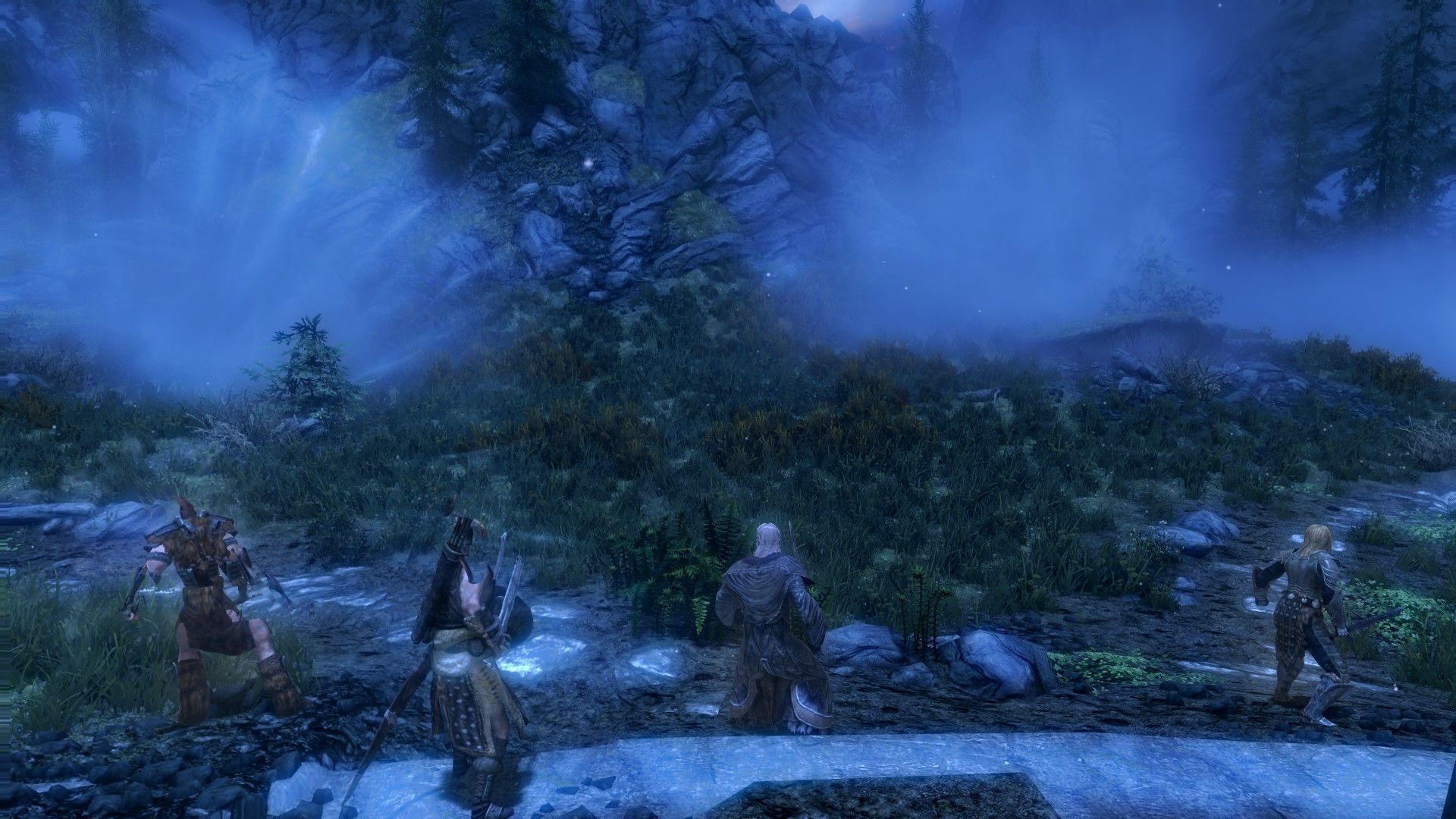 Four heroes stand in a dark area, surrounded by thick mist on all sides