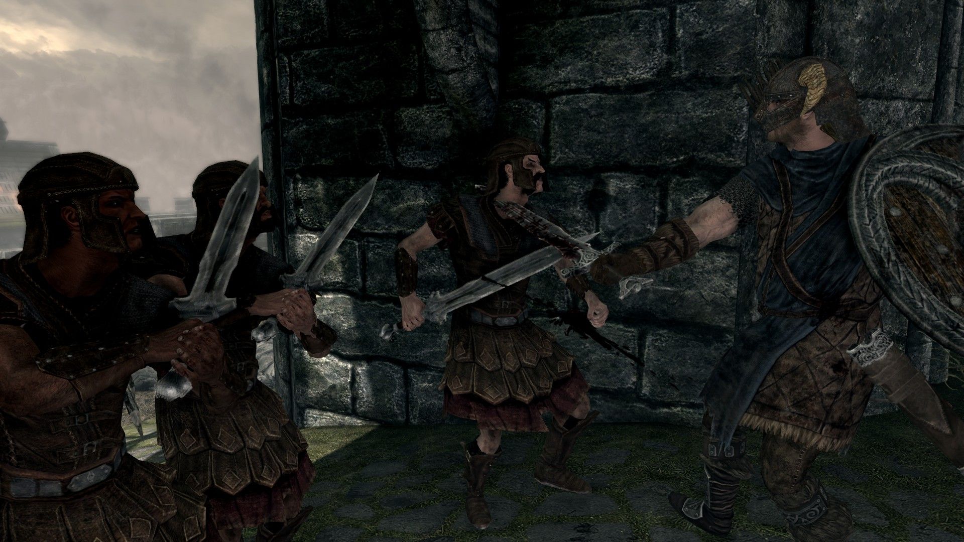 A group of soldiers fight under a stone archway in a city