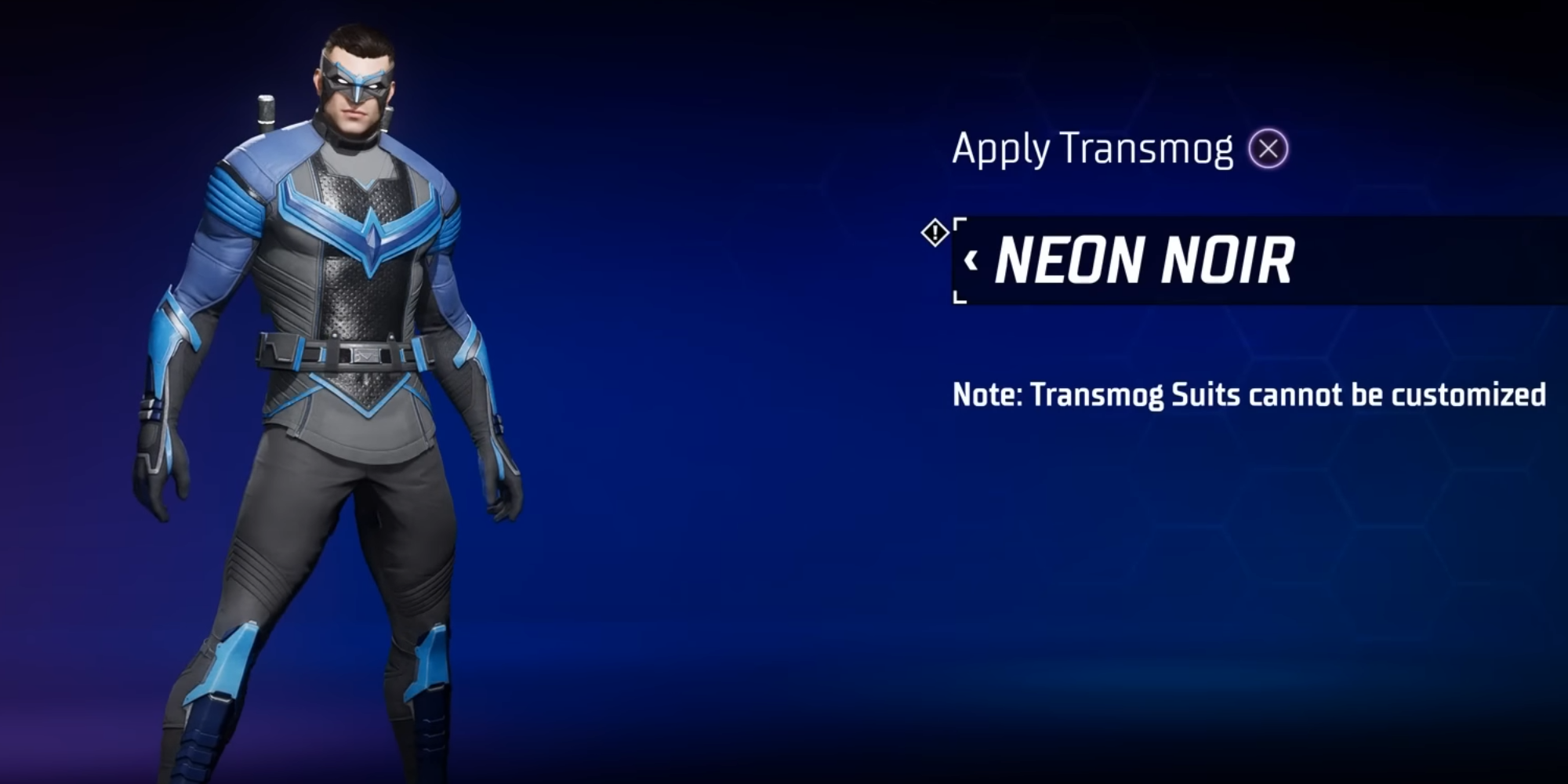 Gotham Knights: Nightwing Neon Noir Costume with blue background and info text