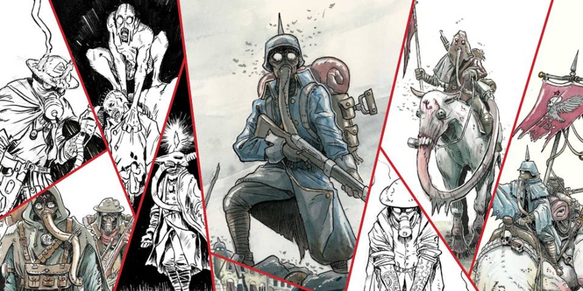 A comic-book like collage of drawings, all featuring World War 1 era soldiers in gas masks, some of which are fighting monsters.