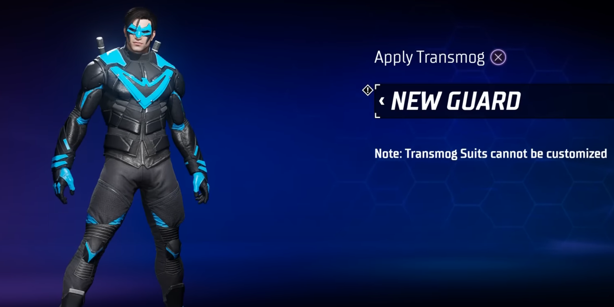 Gotham Knights: Nightwing New Guard Costume with blue background and info text