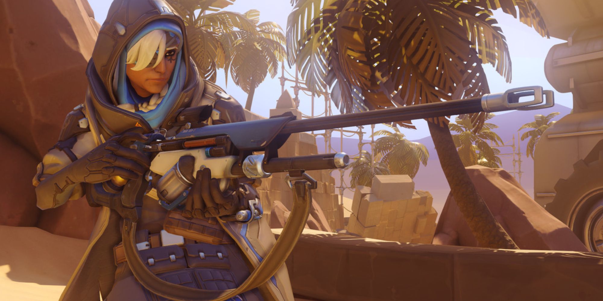 Ana in Overwatch 2 holding sniper aimed off camera