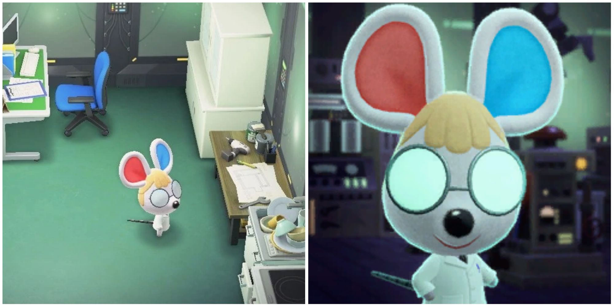Split image screenshots of Petri in Animal Crossing.