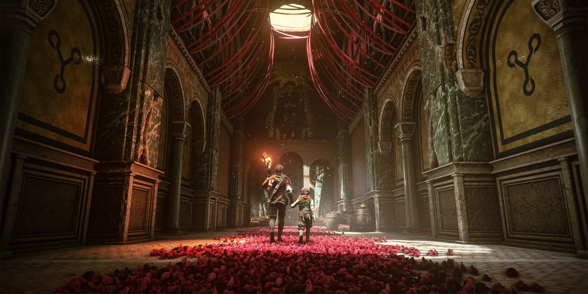 Plague Tale Requiem Characters Walking Down Long Hallway