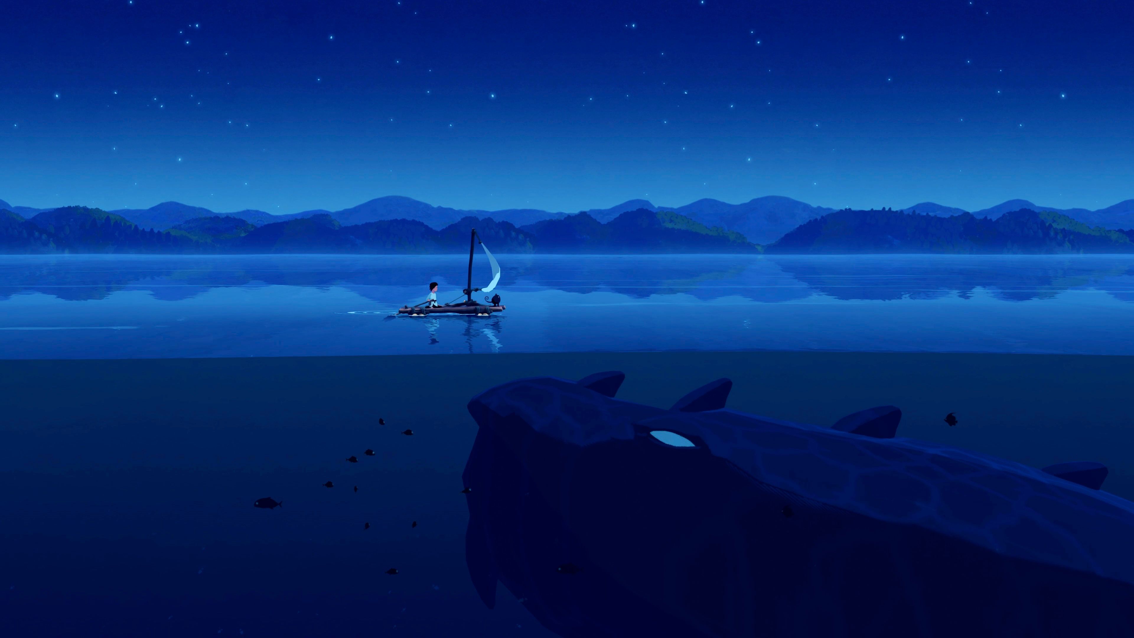 Planet of Lana characters on a boat with a strange creature beneath
