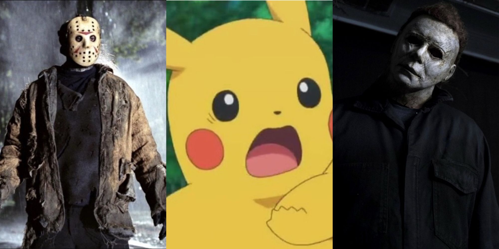 Jason Voorhees standing in the rain, Pikachu looking scared, Michael Myers looking inquisitively