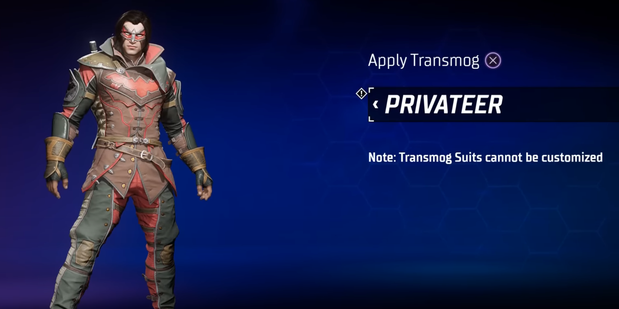 Gotham Knights: Nightwing Privateer Costume with blue background and info text