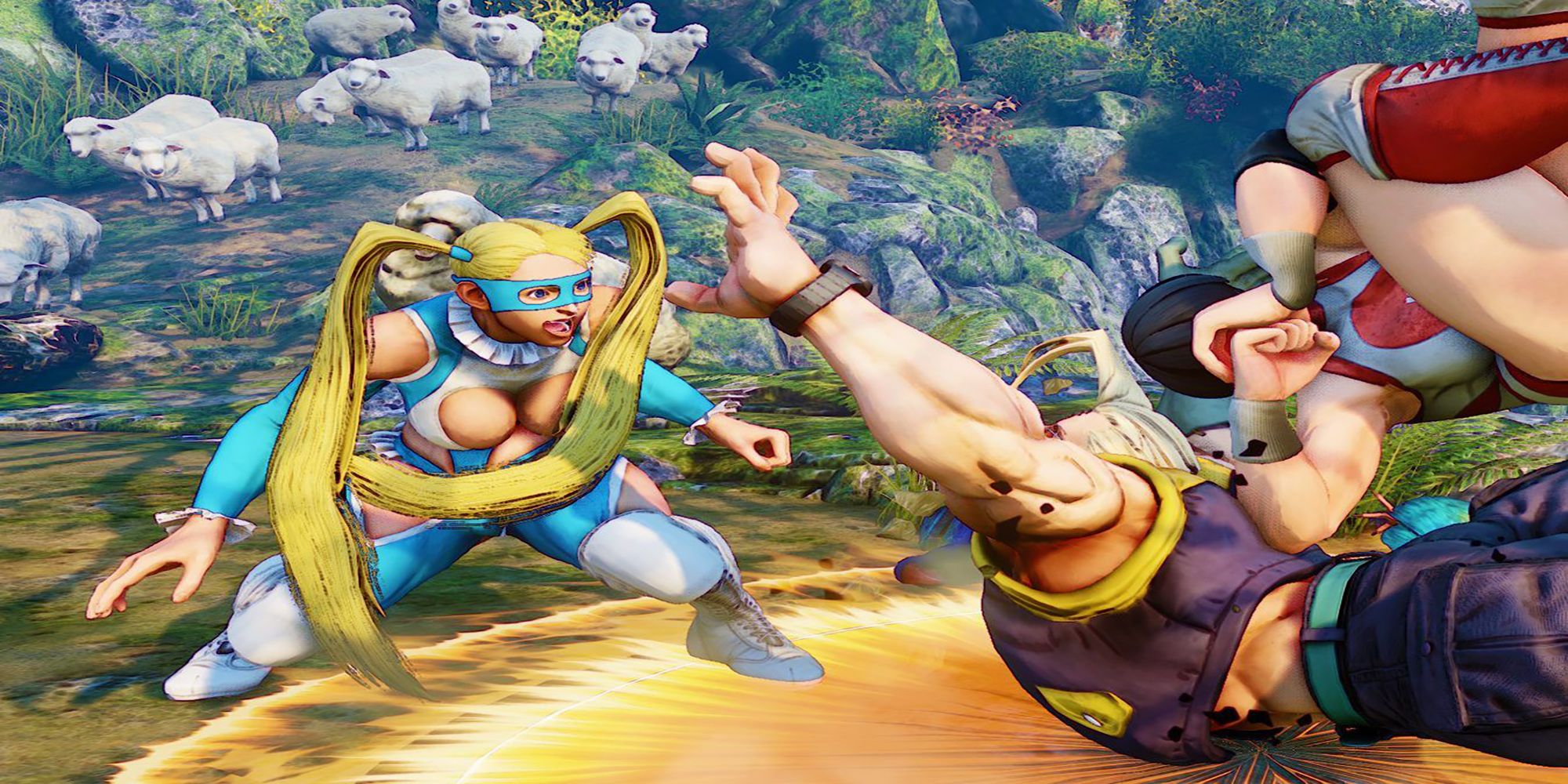 R Mika and her tag team partner, Yamato, take down Nash during a battle at a waterfall in Street Fighter 5.
