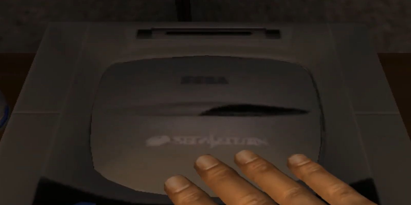 Ryo shutting the tray to play a game on his Sega Saturn from Shenmue.