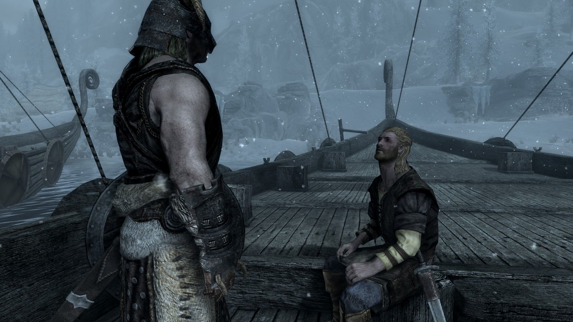 A man speaks to a sailor on a boat in a snowy day. 