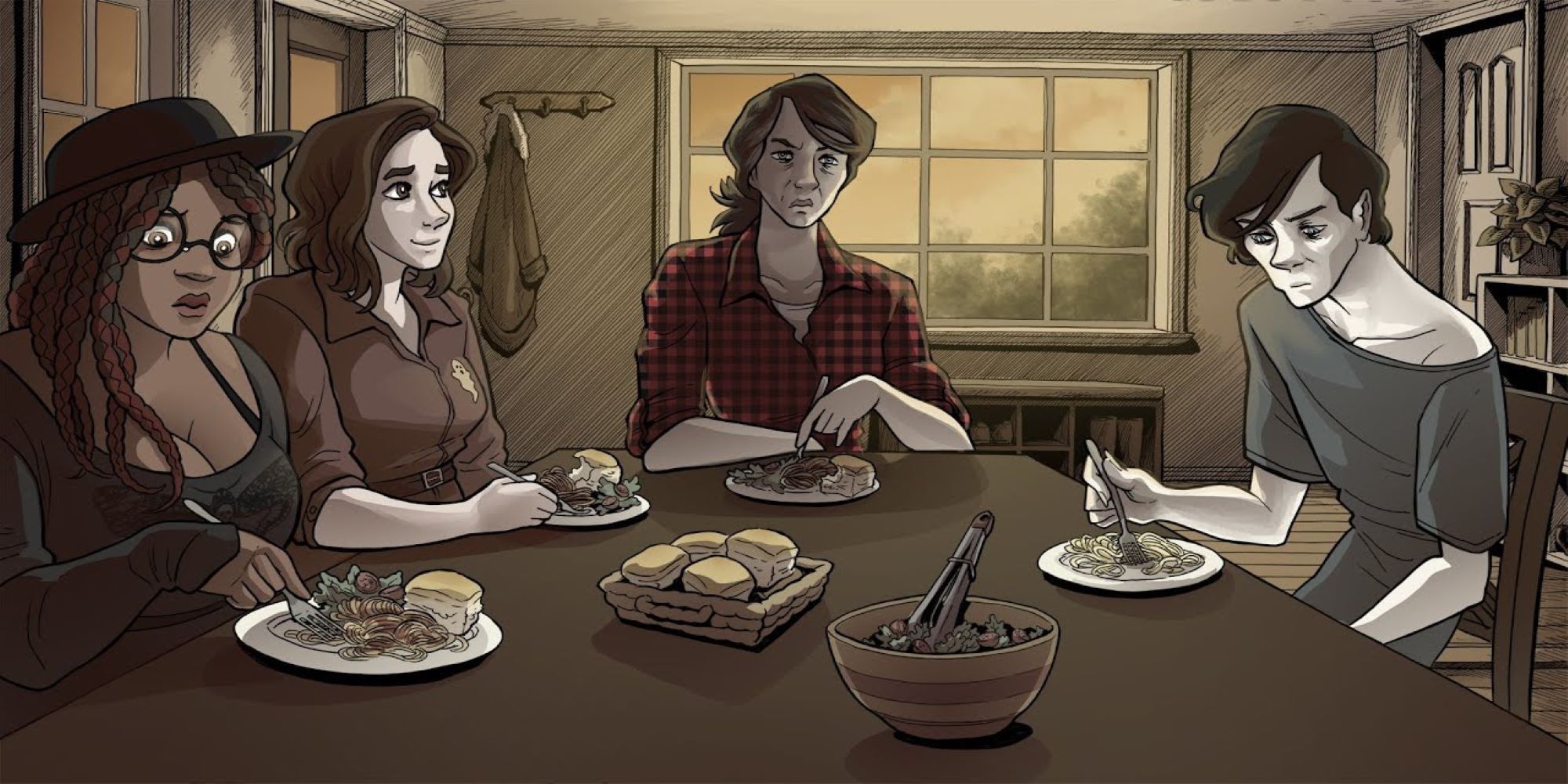 Family eating breakfast in Scarlet Hollow