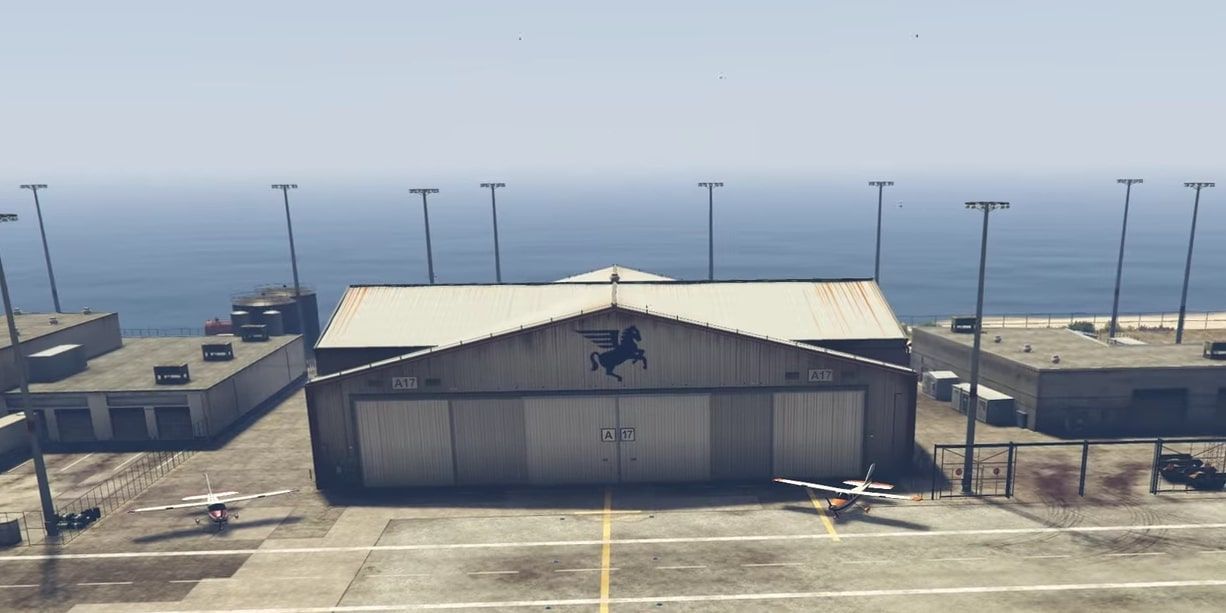 Screenshot of the LSIA Hangar A17 exterior view in GTA 5 Online.