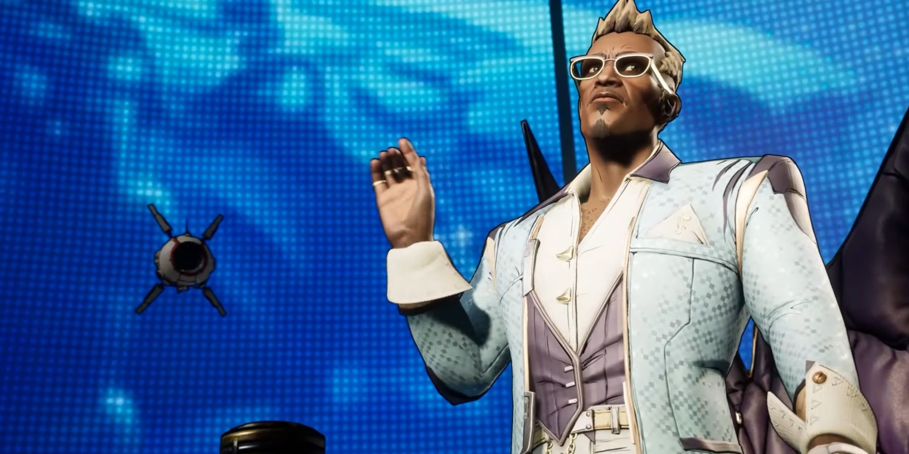 Screenshot of a close-up of Finnegan W. Triton making his entrance.