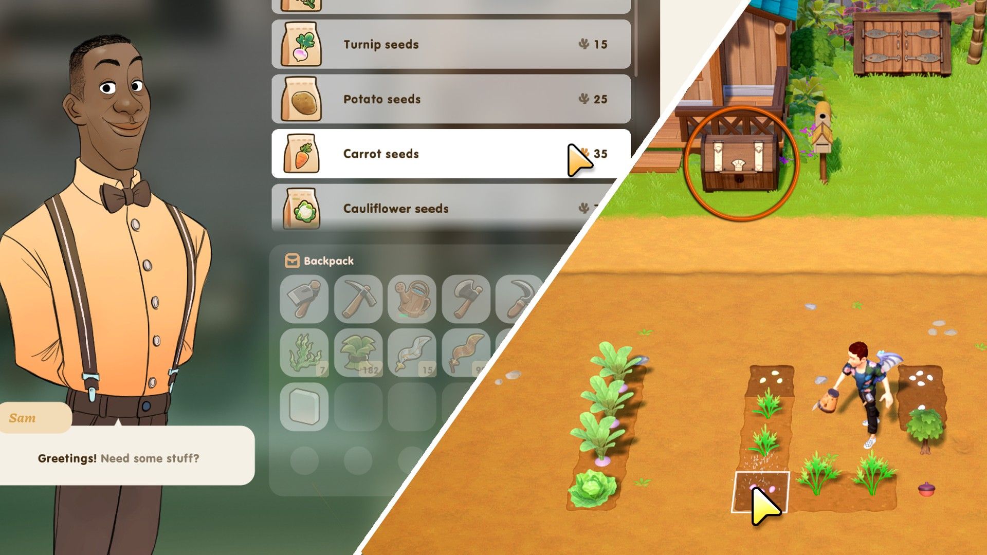 Sam's general store is a good place to sell your wares, or simply use the shipping bin to be paid the next day in Coral Island