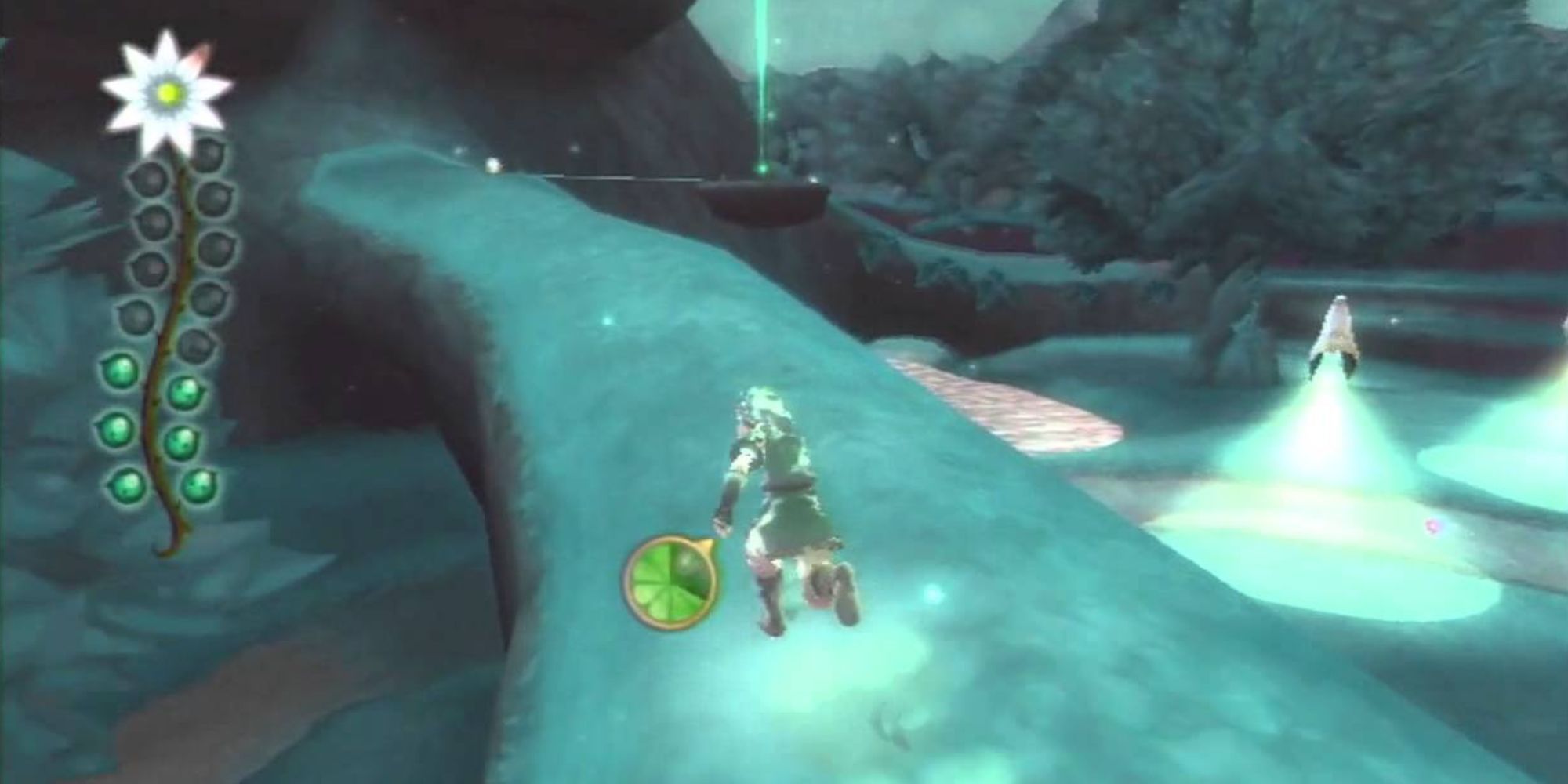 Link runs up a giant branch in a Silent Realm