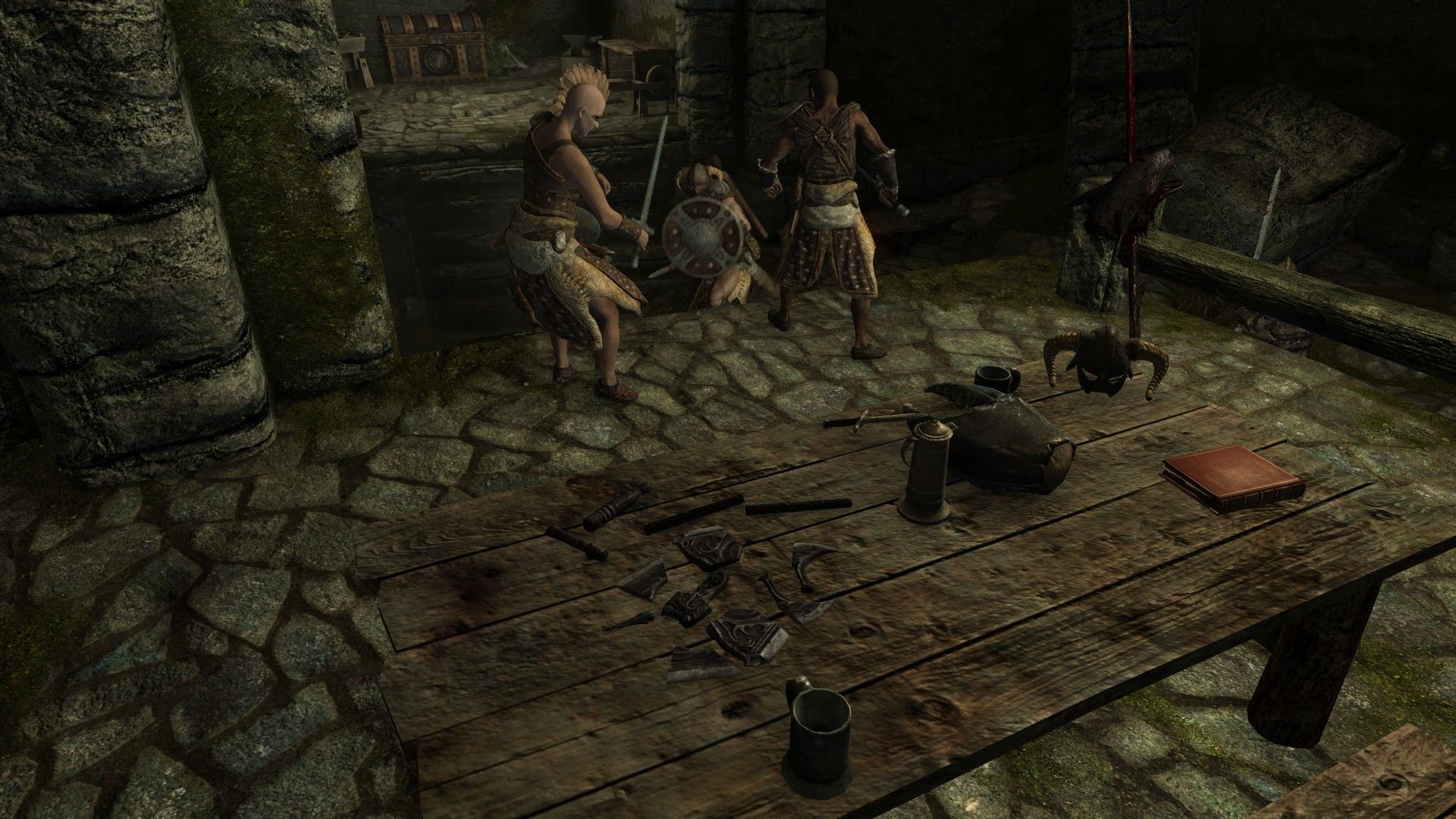 A group of people fight in a room with a table containing weapon fragments in the foreground.