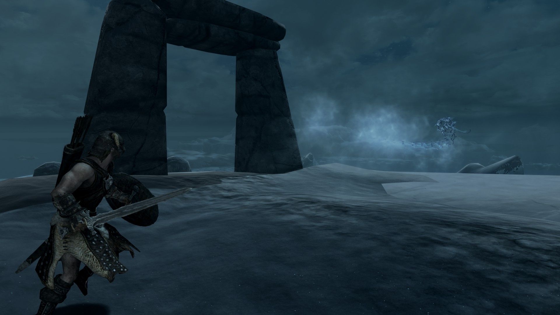 A man fights a ghostly serpent on a snowy island in the middle of the sea