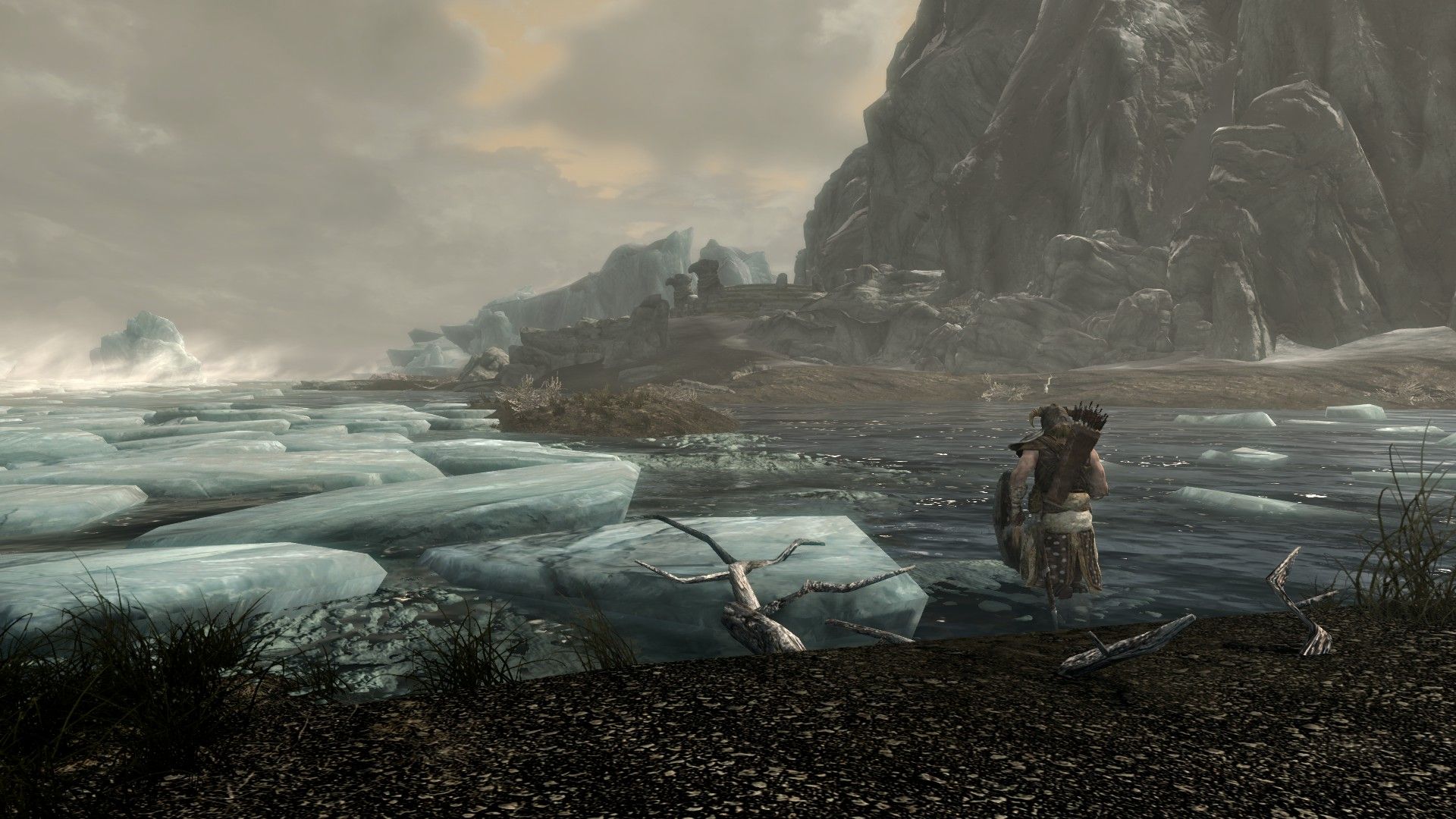 A man runs towards a ruins across a frozen ocean