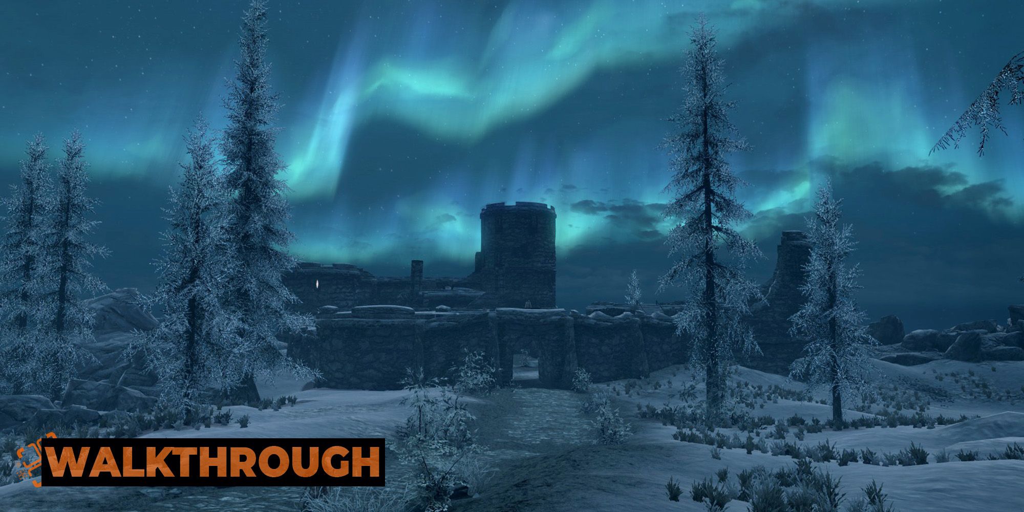 A castle stands amidst a snowy field with aurora borealis in the background. 