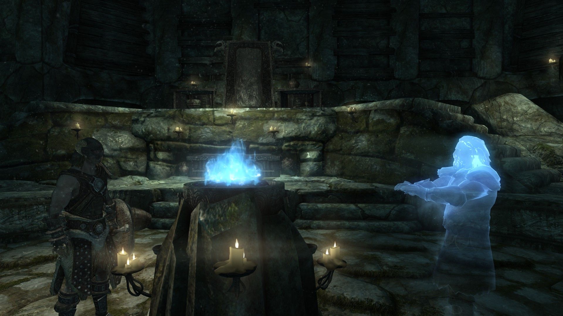 A man talks to a ghost in front of a blue flame
