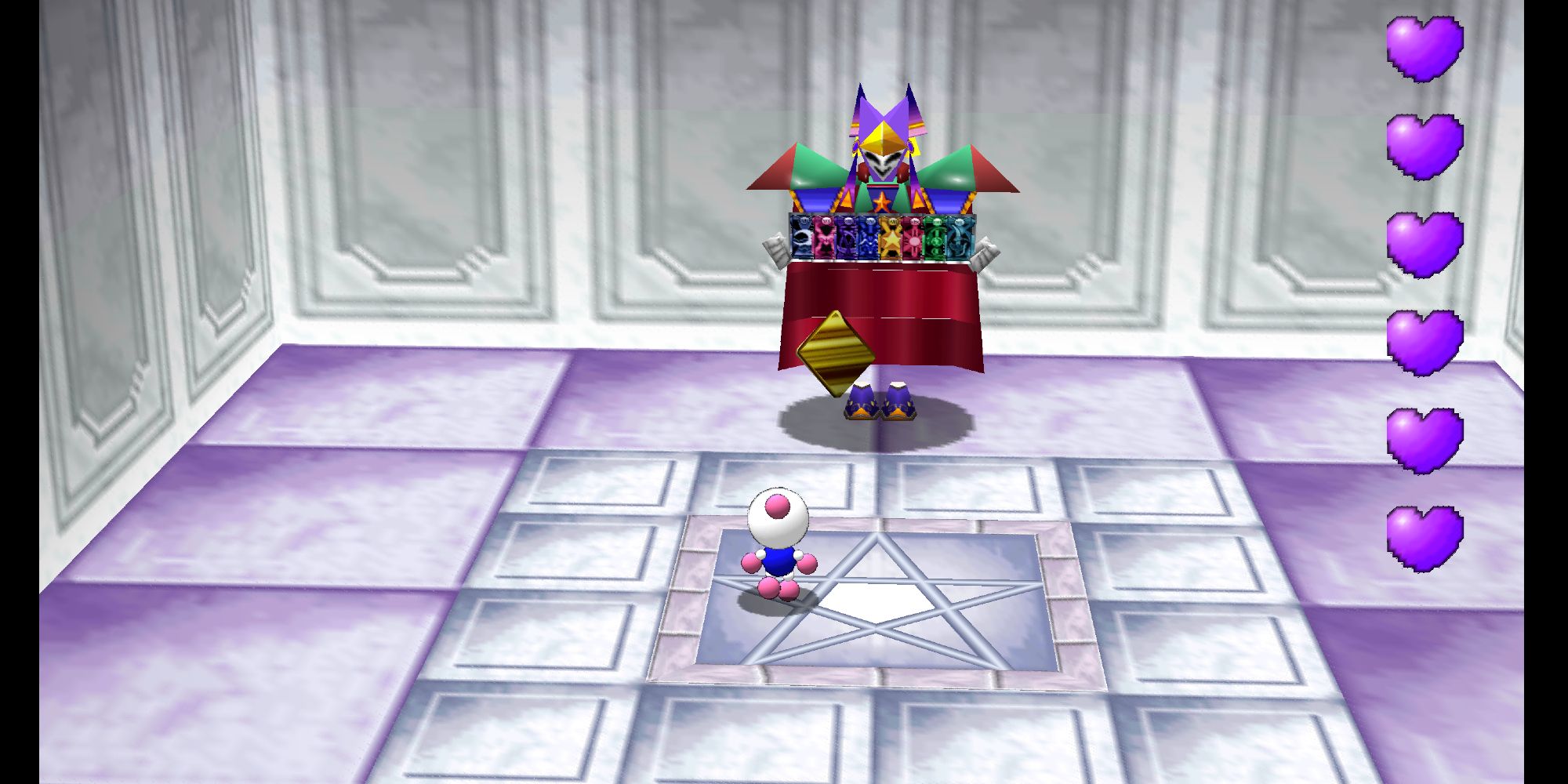 Spellmaker in his white and lavender palace in Bomberman 64.