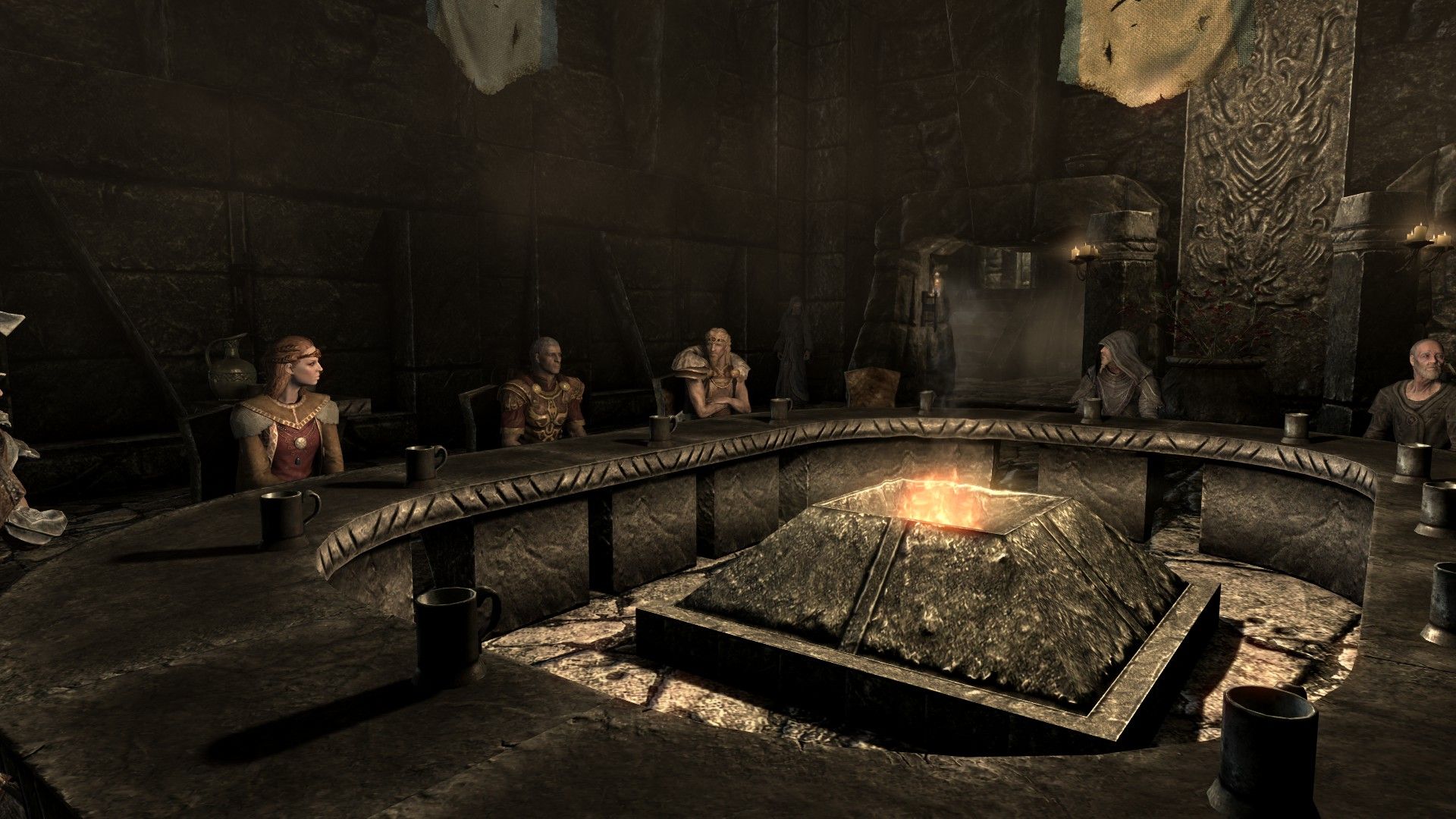 A group of nobles gather at a stone table to conduct peace talks
