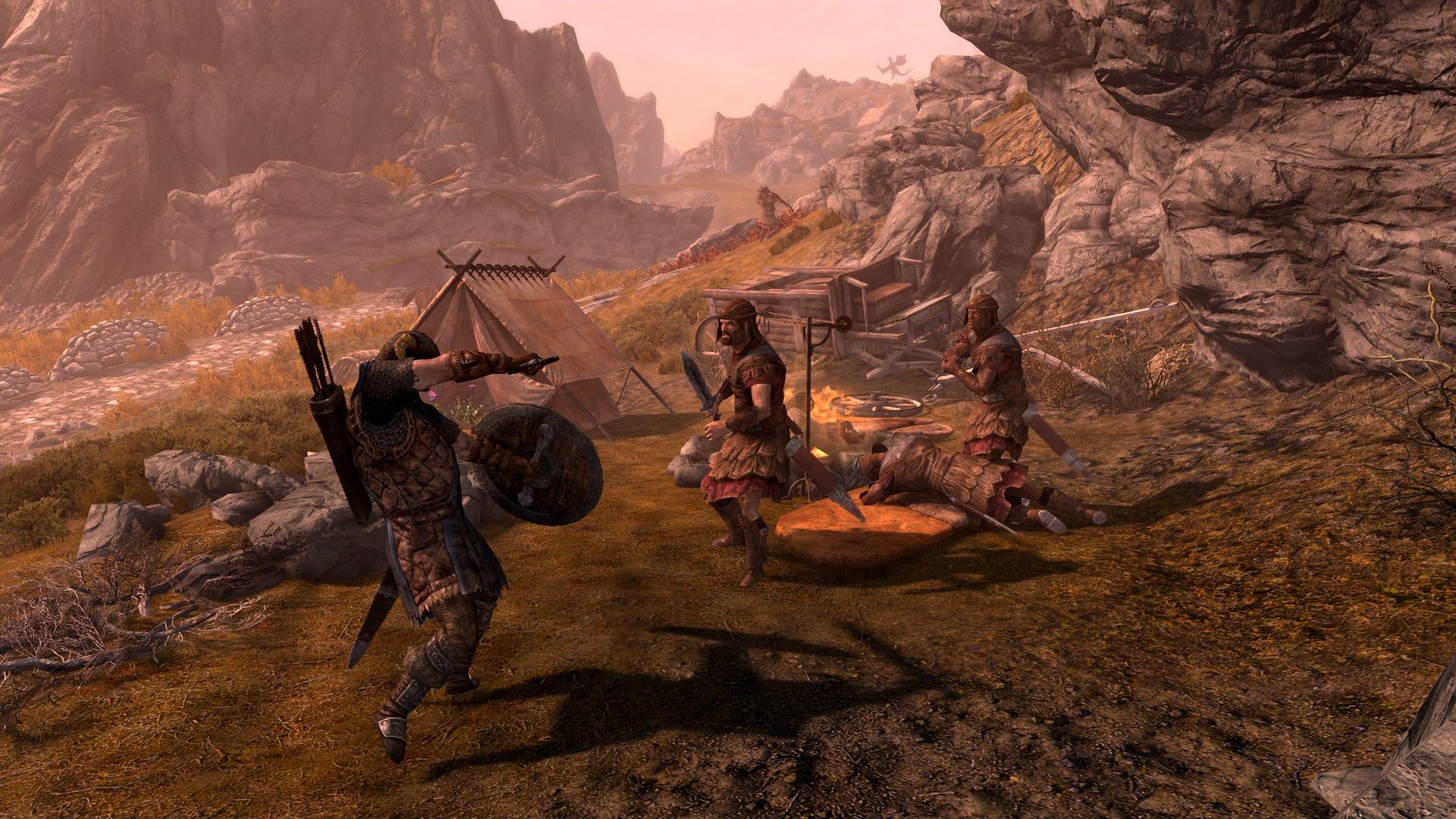 A man attacks a pair of enemy soldiers in the early dawn