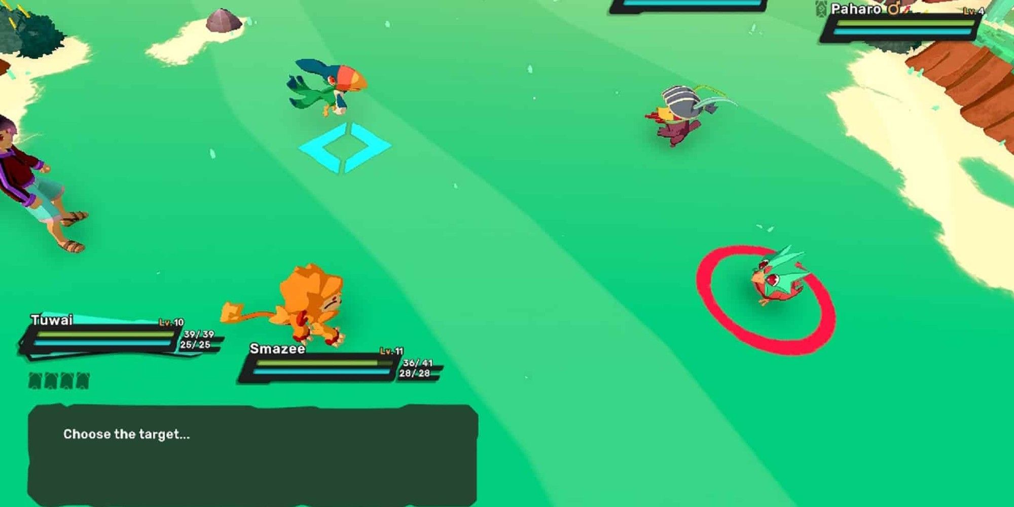 Temtem Battle Screen, target marker showing red due to non-effective move