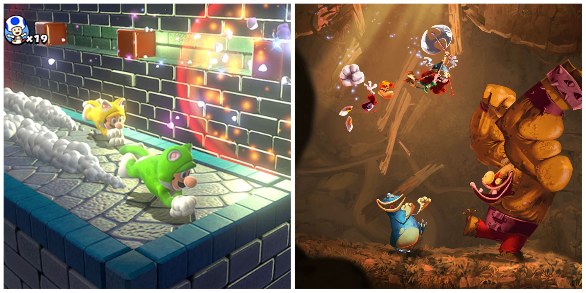 Super mario 3D world and rayman legends split image