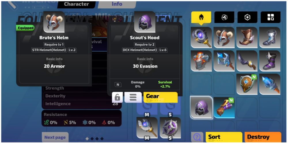 The player decides whether to equip the Scout's Hood or Brute's Helm in Torchlight: Infinite.