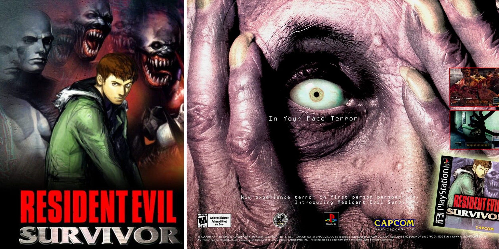 Split image of the Resident Evil Survivor title and a close zoom of a zombie's eye