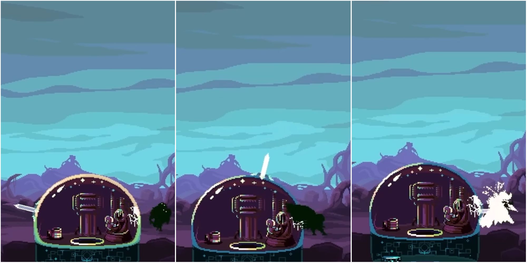 The Sword swinging into monsters attack the Dome. Note that it gets brighter as it travels