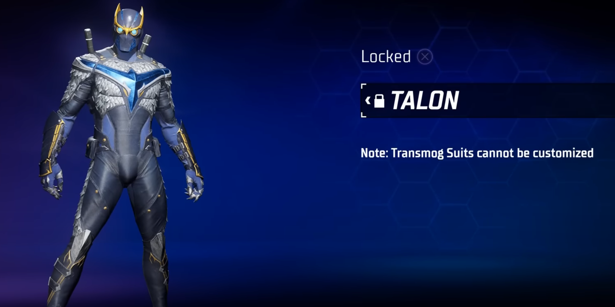 Gotham Knights: Nightwing Talon Costume with blue background and info text