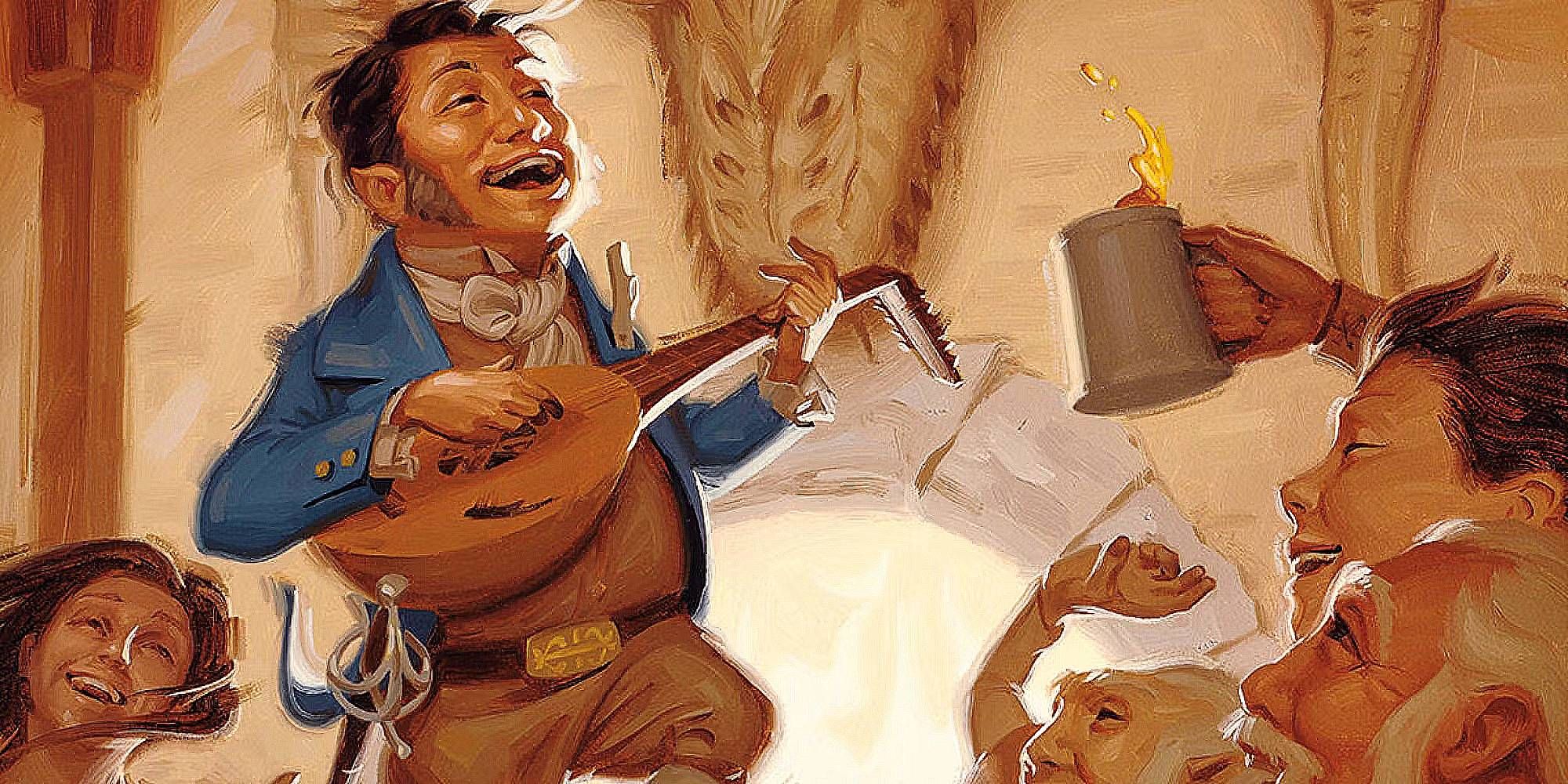 A bard sings for numerous people in a tavern who smile at the performance