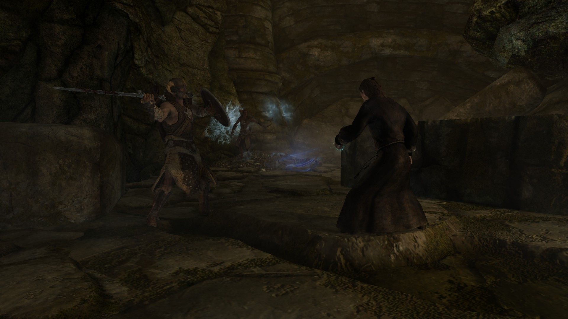 A group of people fighting in an ancient ruin