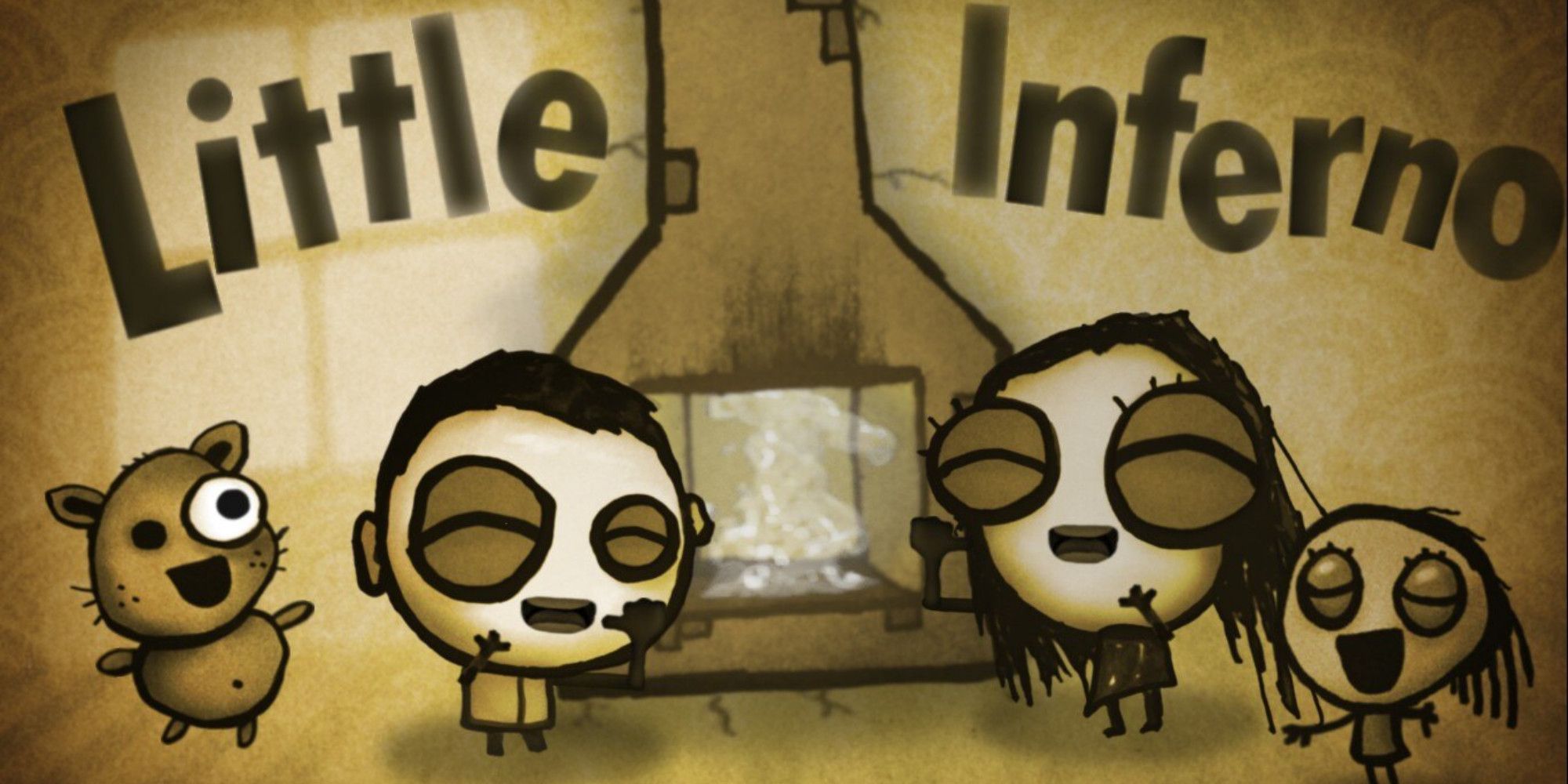 Characters from Little Inferno gathered around a fireplace. 