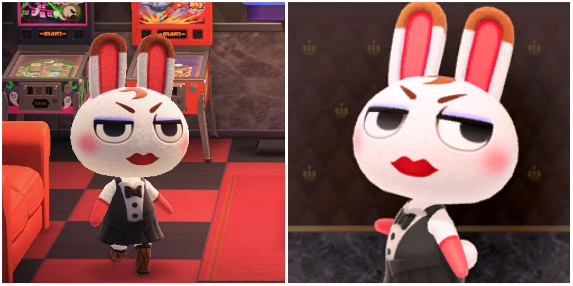 Split image screenshots of Tiffany in Animal Crossing.