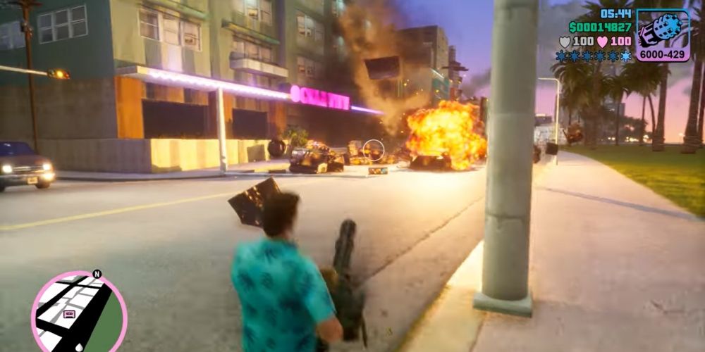 Tommy making vehicles explode with a minigun in Grand Theft Auto Vice City