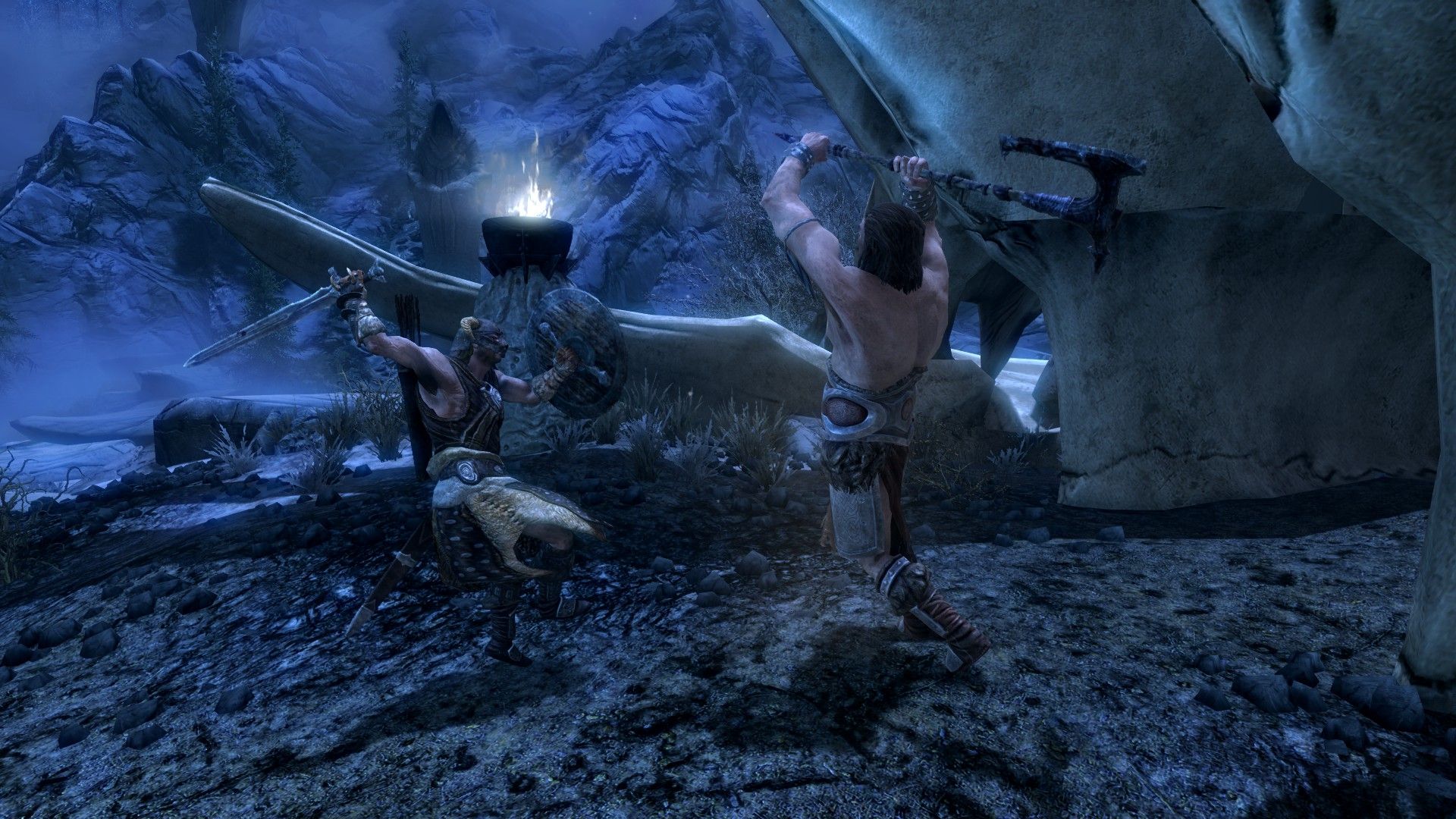  Two men fight in a twilight area surrounded by gigantic bones