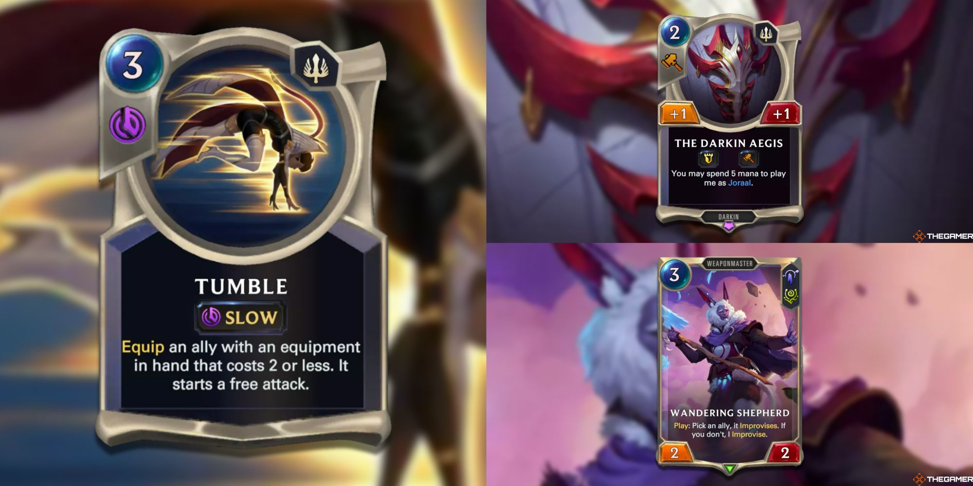 Legends of Runeterra split image of Tumble, Darkin Aegis, and Wandering Shepherd cards