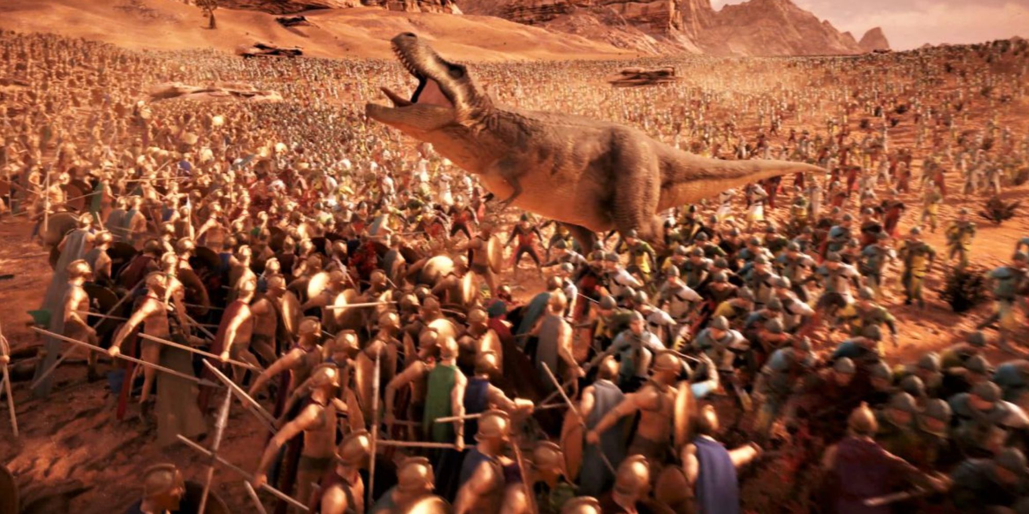 A huge battle with many NPCs and a dinosaur in Ultimate Epic Battle Simulator 2