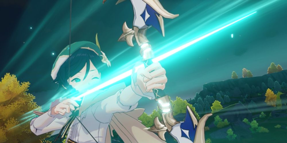 Venti charging a shot during his Elemental Burst in Genshin Impact