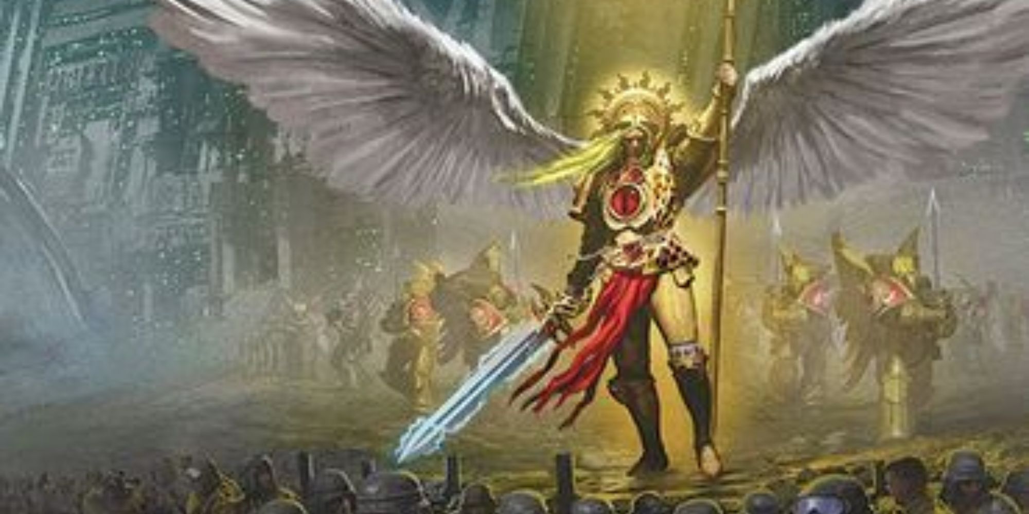 Sanguinius stand with a spear and sword in front of an army of human soldiers. 