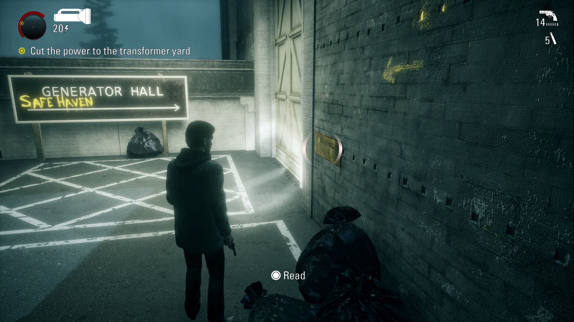 A Sign In Front Of A Generator Building In Alan Wake
