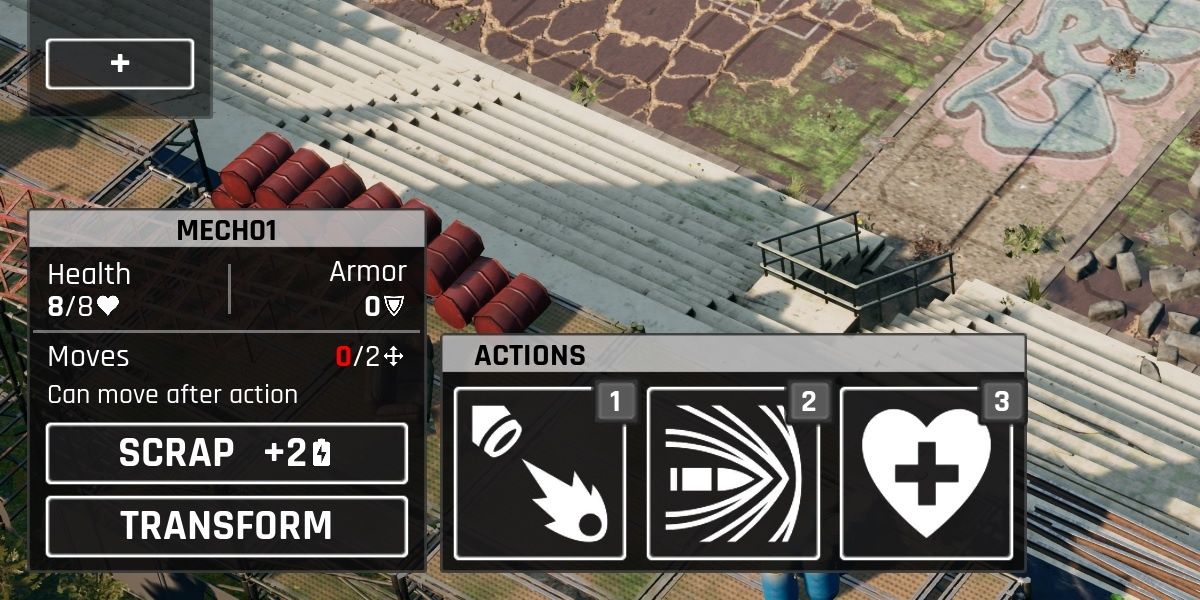 Available actions on a three-weapon body: Mini Missile, Cannon, and Heal Gun